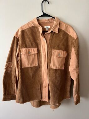easel Two-Tone Corduroy Panel Button-Down Shirt Jacket in Brown and Peach